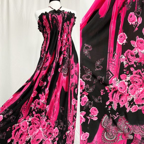 Vintage Y2K shirred maxi dress witchy gothic floral bohemian slinky small medium - Picture 1 of 5